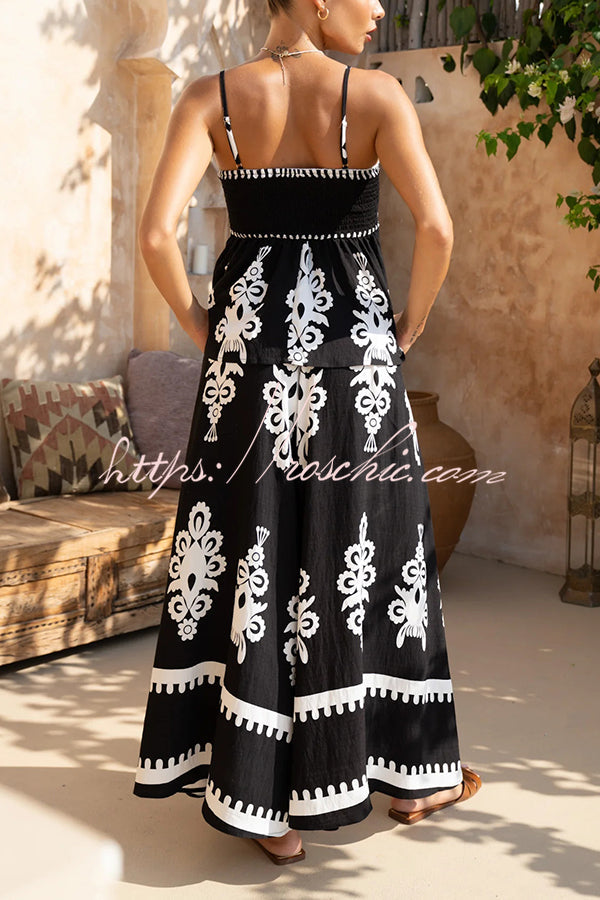 Unique Print Suspender Pleated Top and Elastic Waist Loose Wide-leg Pants Set