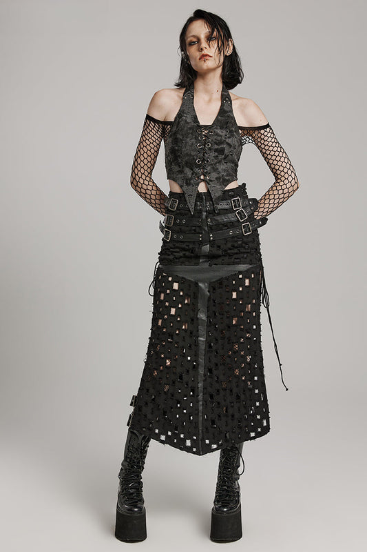 Cross Hollowed Tattered Punching Slit Rock Letter Buckle Adjustable Eyelet Half Skirt