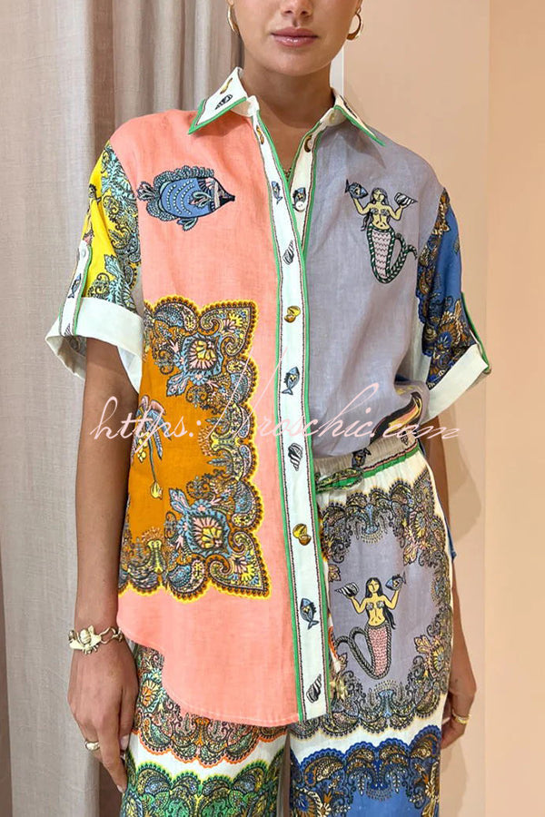 And Posh Linen Blend Mermaid Print Button Down Oversized Blouse