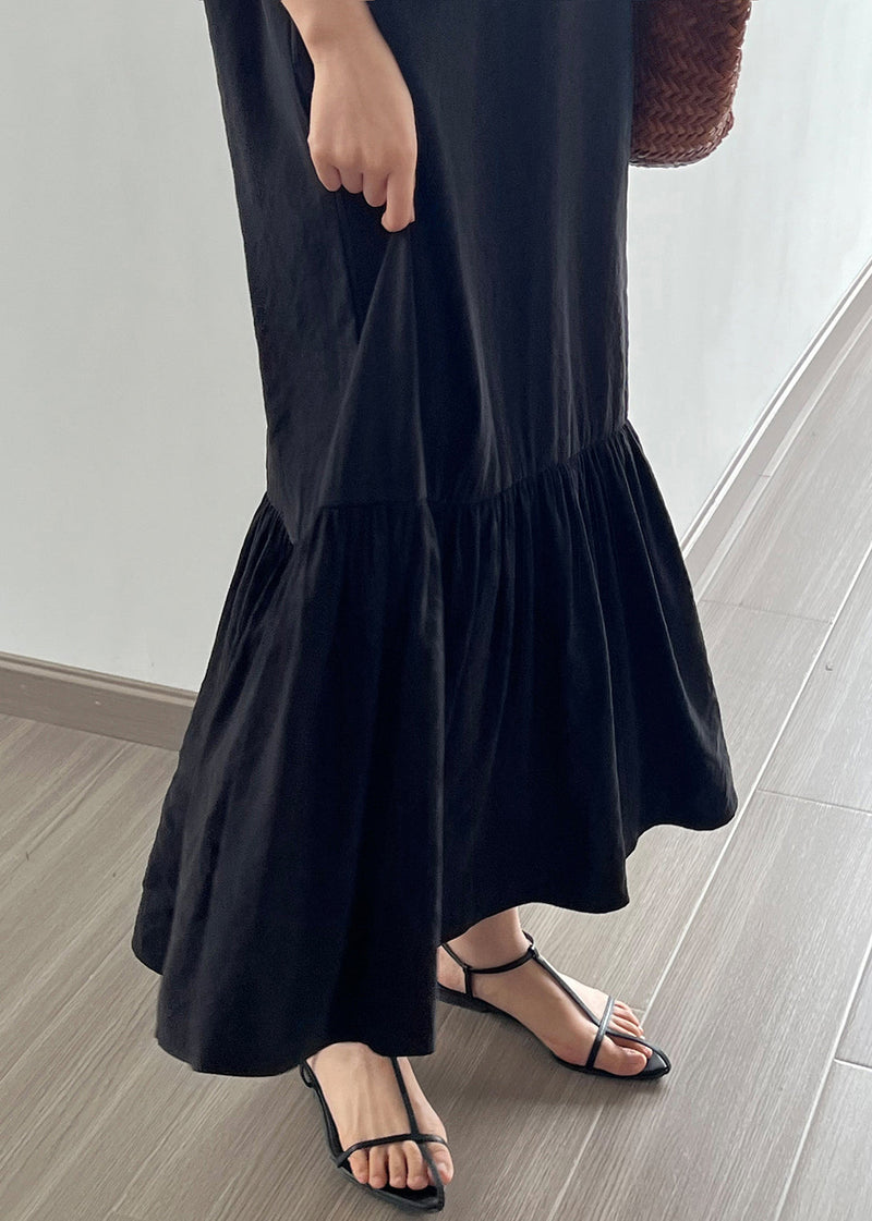 Black Wrinkled Cotton Long Dress O Neck Sleeveless Nn021