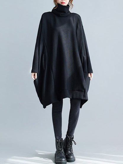 Loose Black Heaps Collar Pockets A-line Long Sleeve Sweater An1065