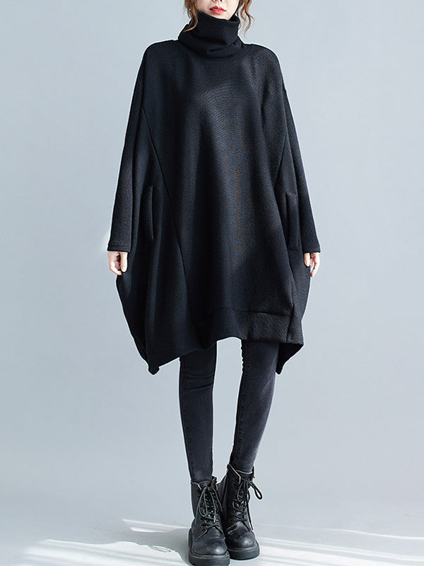 Loose Black Heaps Collar Pockets A-line Long Sleeve Sweater An1065