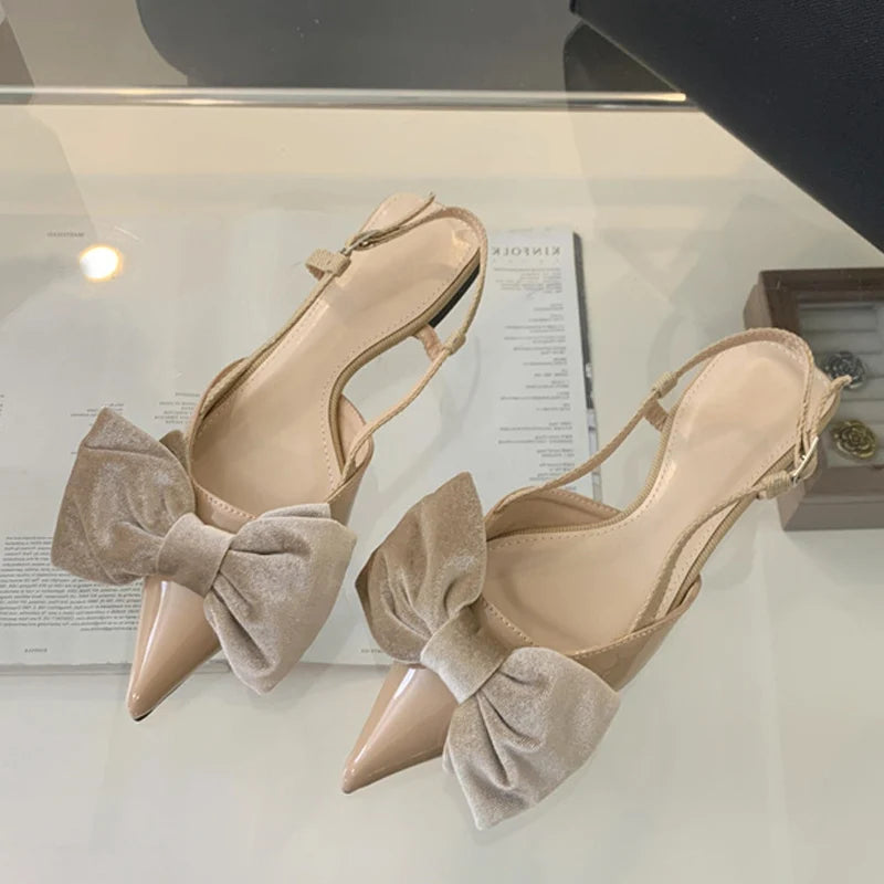 Design Big Butterfly Knot Flat Mules Sandals Cozy Patent Leather Pointed Toe Back Strap Shoes