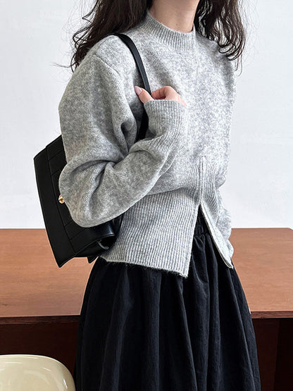 Grey Mock Neck Zip-up Hem Long Sleeve Sweater An1072