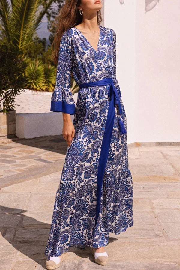 Greek Island Satin Unique Print Tassel Belted Wrap Maxi Dress
