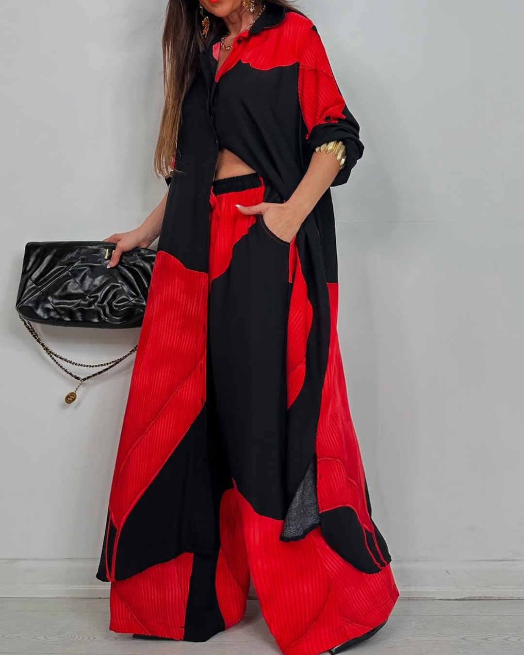 V-neck Patchwork Printed Top and Pants Commuting Suit