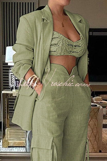 Stylish Lapel Long Sleeve Loose Jacket and Pocket Lace-up Straight Leg Pants Set