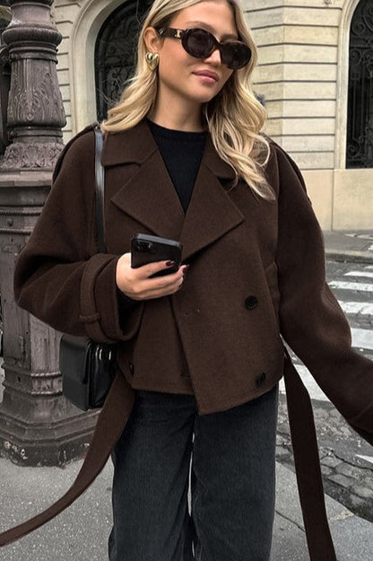 Notch Collar Double-breasted Wool Blend Trench Coat
