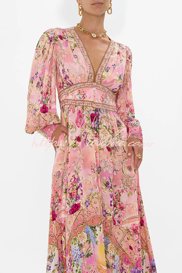 Fairy Tale Print V-neck Lantern Sleeve Waist Maxi Dress