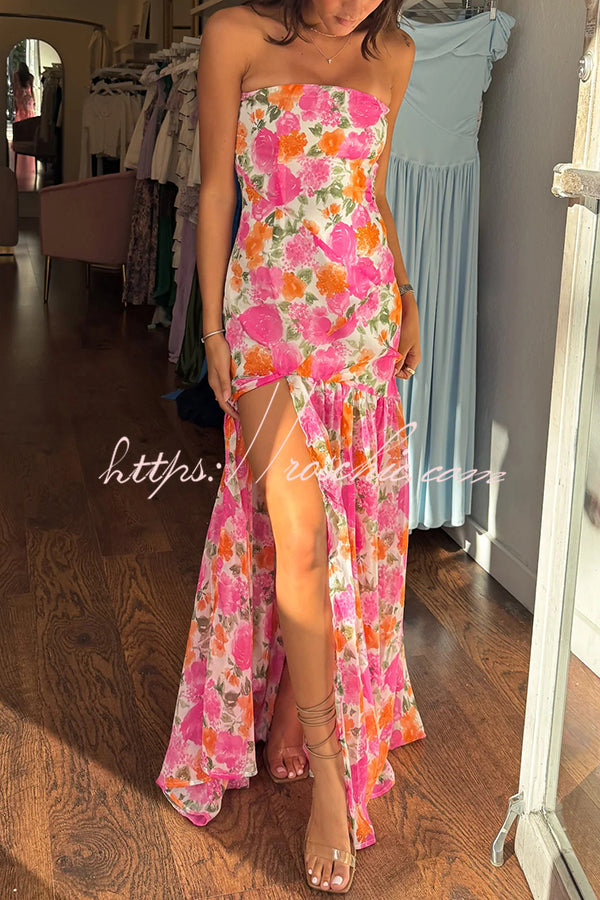 Print Strapless Fitted Slit Maxi Dress