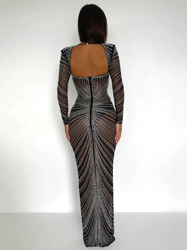Glitter Mesh See Through Party Maxi Dress for Full Sleeve Bodycon Club Long Evening Dress Vestido