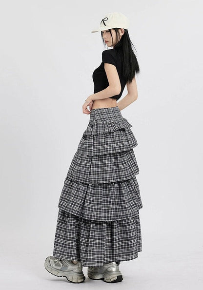 Plaid Tiered Maxi Skirt