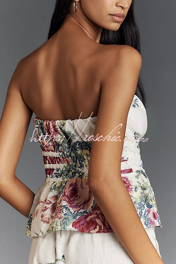 In to the Summer Linen Blend Print Elastic Bandeau and Elastic Waist Pocket Loose Pants Set