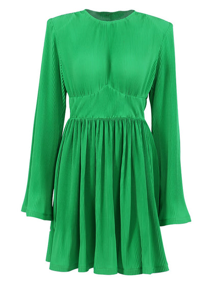 A-line Flared Sleeves High-waisted Pleated Color Zipper Round-neck Mini Dresses