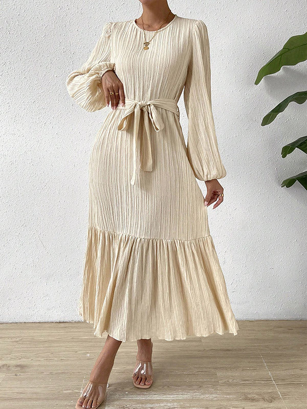 A-line Long Sleeves Elasticity Pleated Color Split-joint Tied Waist Round-neck Midi Dresses