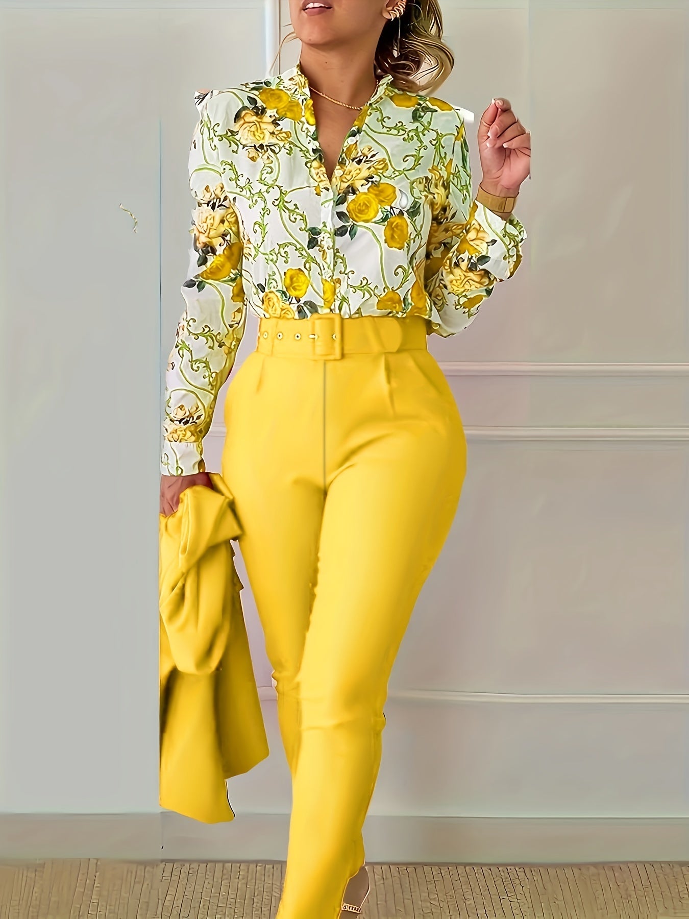 Print V Neck Long Sleeve Blouse & Belted Tapered Pants Td0870