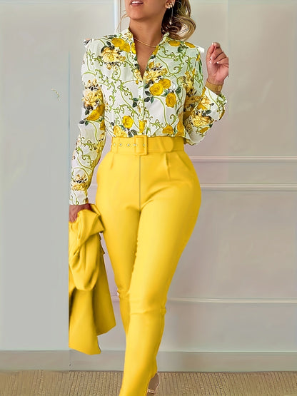 Print V Neck Long Sleeve Blouse & Belted Tapered Pants Td0870