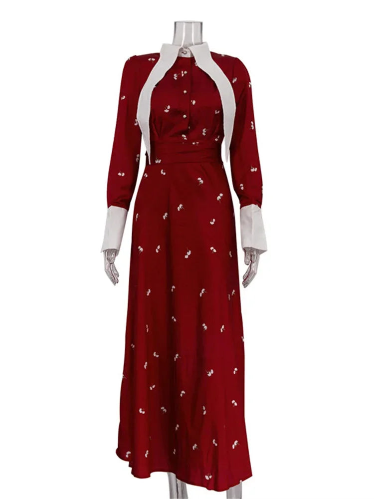 Satin Printed Long Dress ’s High Waist Patchwork Commute Slim Autumn Contrast Dress Female Maxi Dress