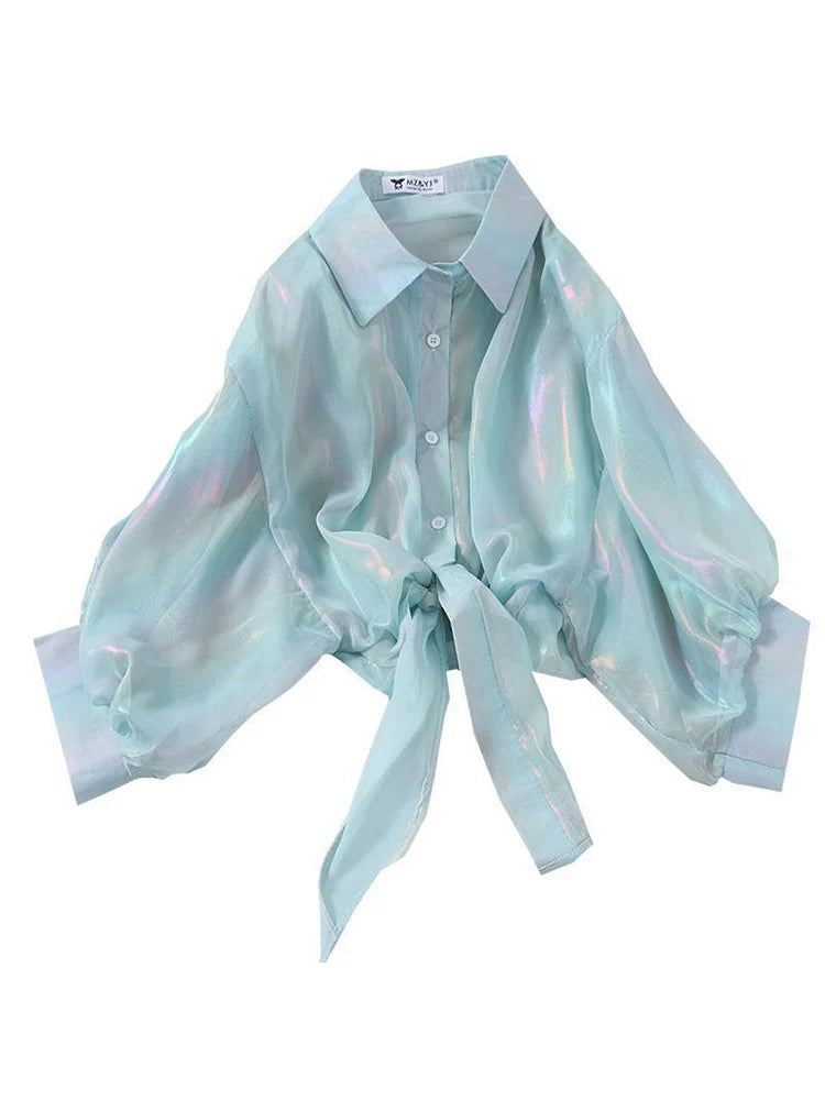 Buttoned Up Shirt Shirts Half Sleeve Shinning Sparkles Tied Waist Blouses for Autumn