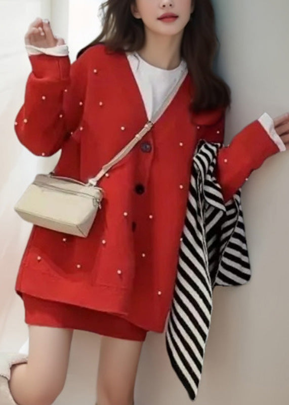 Red V Neck Nail Bead Cotton Knit Cardigan and Skirts Two Pieces Set Winter Wv001