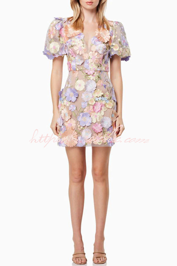 Garden Gala Embroidered Applique Puff Sleeve Mini Dress