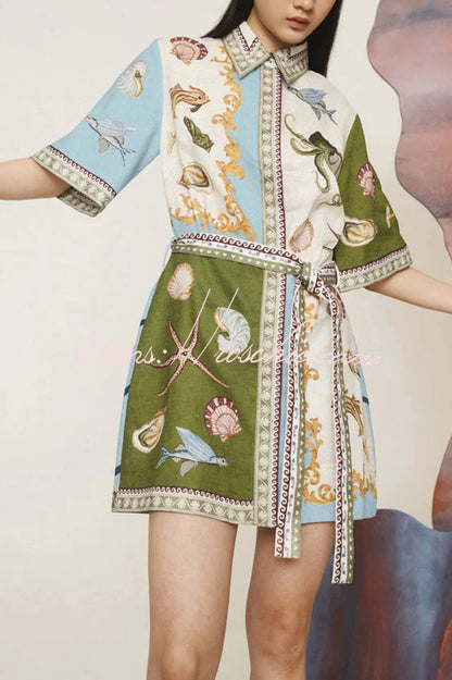 Deep Sea Dreaming Linen Blend Unique Print Tie-up Pocketed Shirt Mini Dress