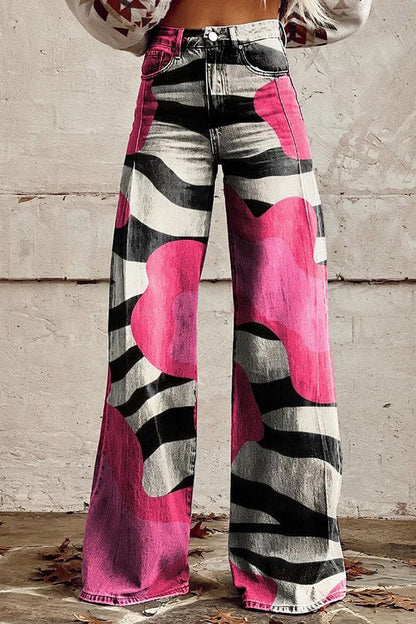 Unique Print Button Pocket Wide Leg Pants