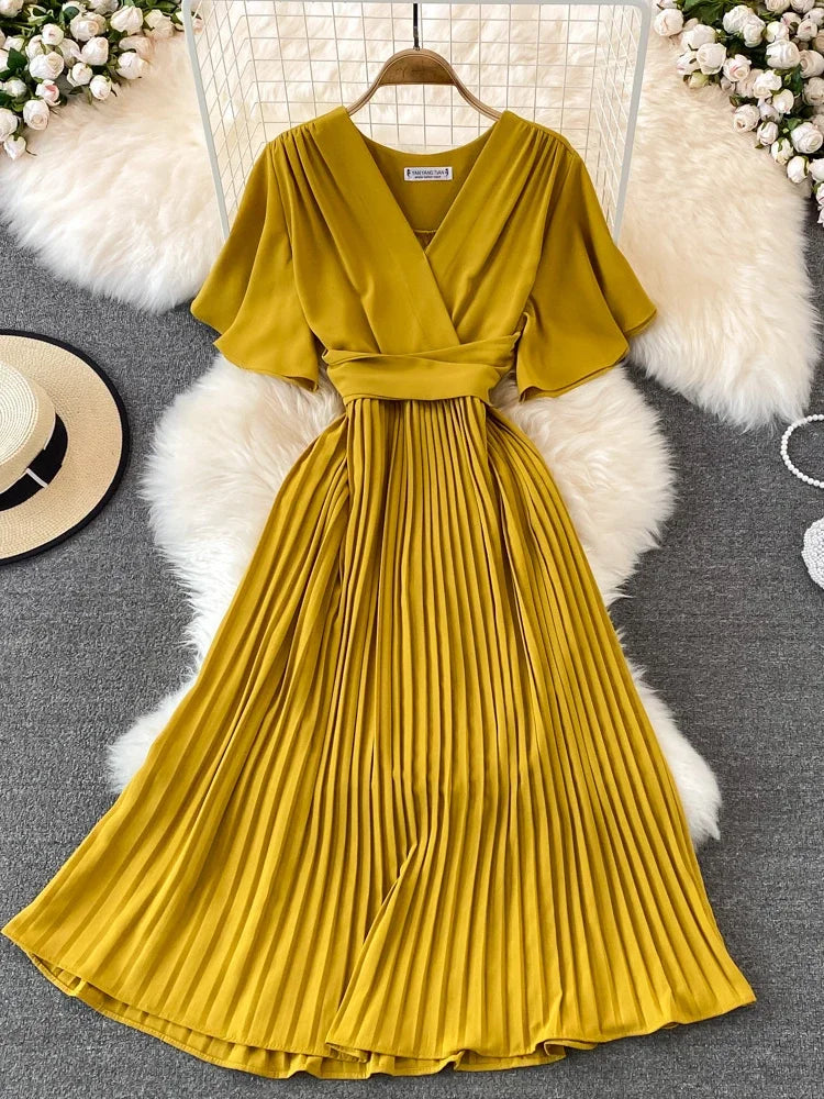 Pleated Dress Summer Short Sleeve V-neck Dresses a Line High Waisted Midi Dress