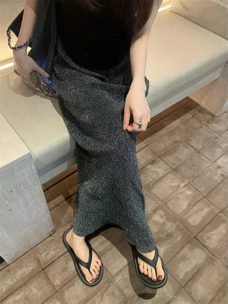 Black Sequin Slim Long Skirt High Waist Y2k Maxi Skirt Glitter Long Skirt