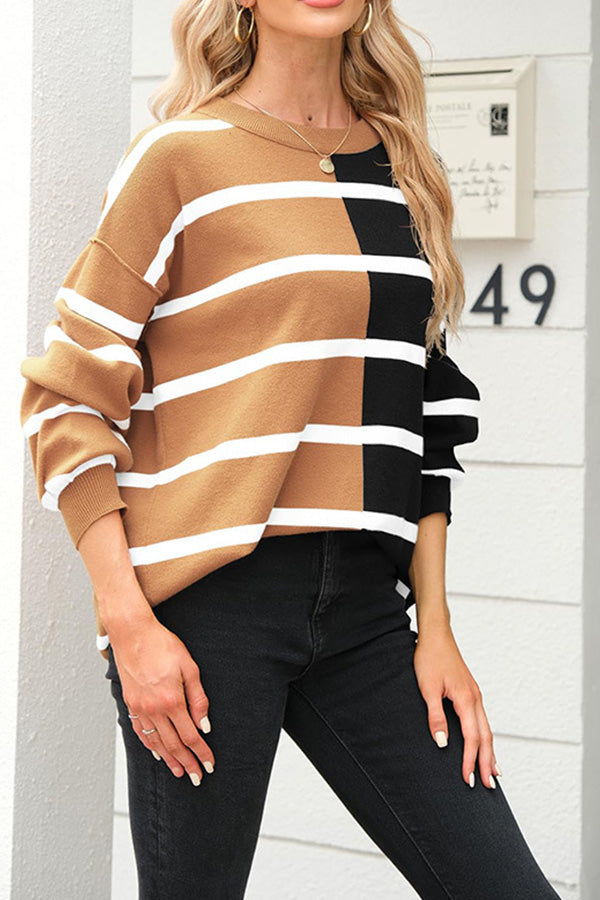 Striped Long-sleeved Sweater, Round Neck Pullover Fashionable Sweatshirt