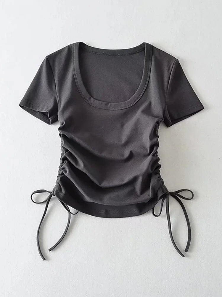 Slim ’s Crop Tops Summer Short Sleeved Crewneck Side Drawstring Bottoming Shirt T-shirt Top