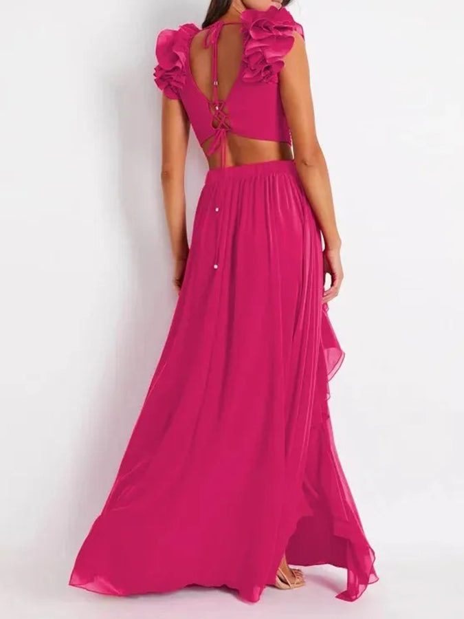 Deep V Red Cutout One Piece Swimsuit and Skirt