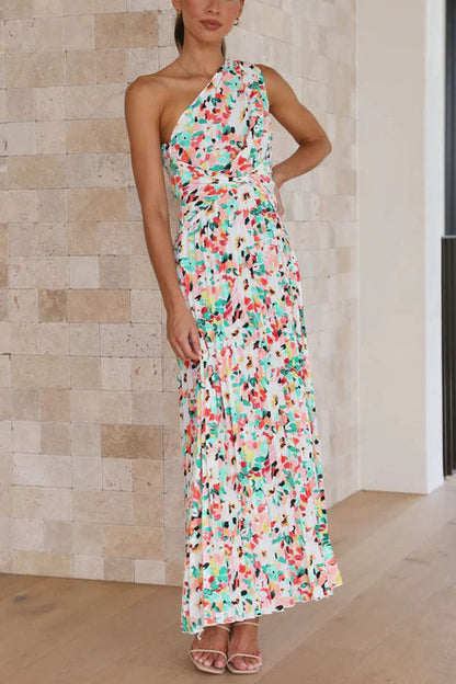 Saw an Angel One Shoulder Elastic Waist Pleated Maxi Dress