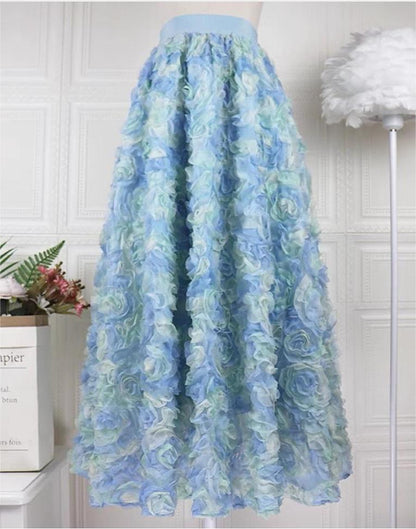 Yellow Embroidered Elastic Waist Tulle Maxi Skirt