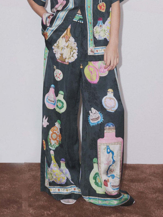 Satin Unique Fun Print Pocket Wide-leg Pants