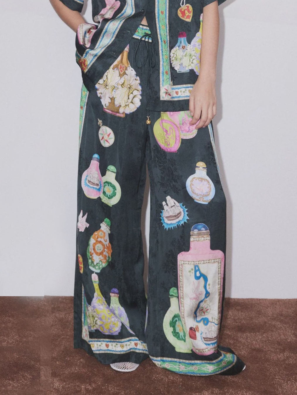 Satin Unique Fun Print Pocket Wide-leg Pants