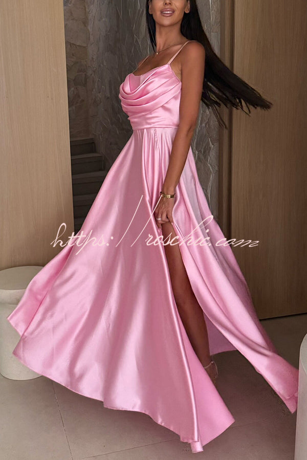 Color Suspender Back Pleated Slit Full Hem Maxi Dress