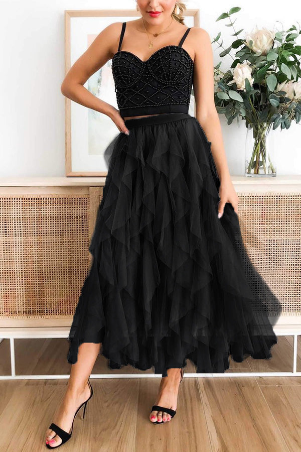 Fashionable Color Puffy Mesh High Waist Slimming Skirt