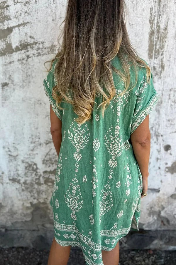 Linen Blend Unique Print Lapel Pocket Mini Dress