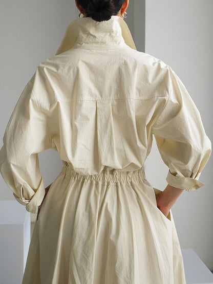 Long Sleeves Loose Pleated Color Split-joint Tied Waist Lapel Midi Dresses Shirt Dress