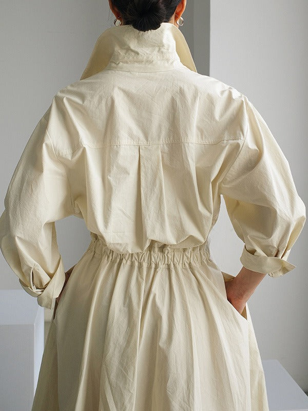 Long Sleeves Loose Pleated Color Split-joint Tied Waist Lapel Midi Dresses Shirt Dress