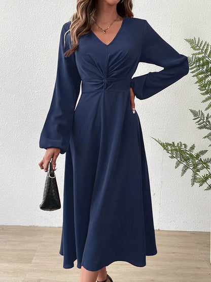 A-line High Waisted Pleated Color Zipper V-neck Midi Dresses