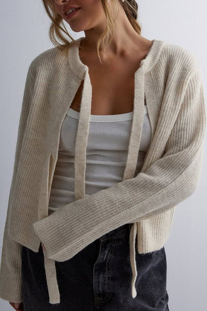 Color Loose Long Sleeve Lace-up Knitted Cardigan