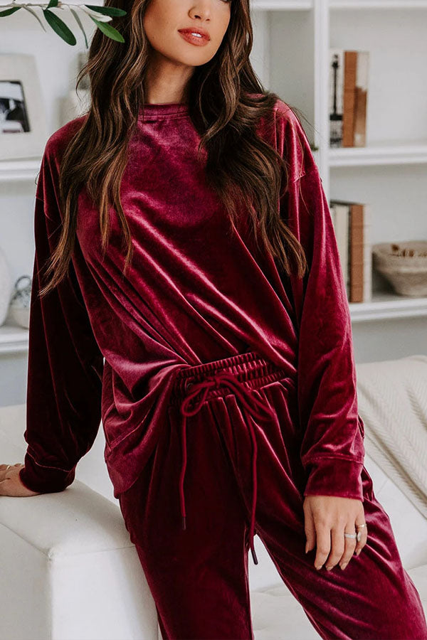 Red Velvet Round Neck Top \u0026 Drawstring Pants Longe Set