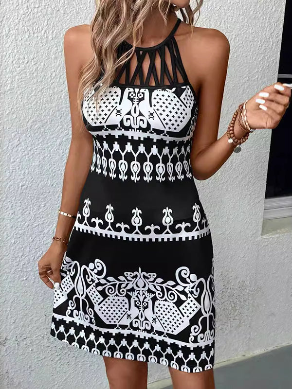 Loose Sleeveless Hollow Printed Split-joint Halter-neck Mini Dresses