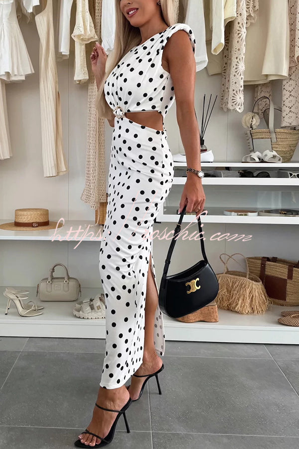 Roxane Polka Dot Print Shoulder Pad Metal Cutout Waist Slit Stretch Maxi Dress