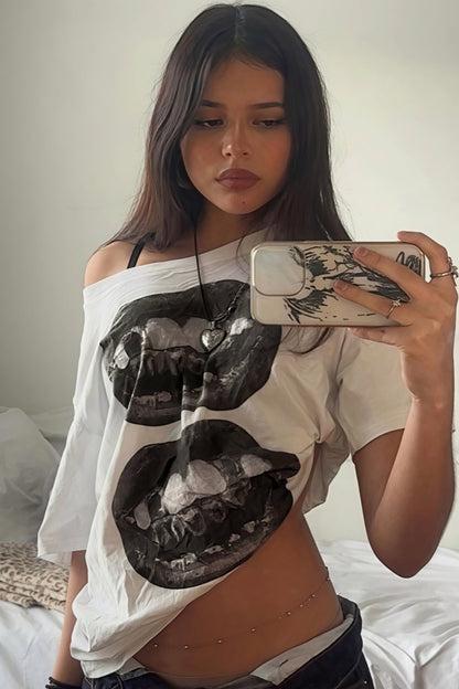 Hip Hop Lip Print Asymmetric Neck T-shirt