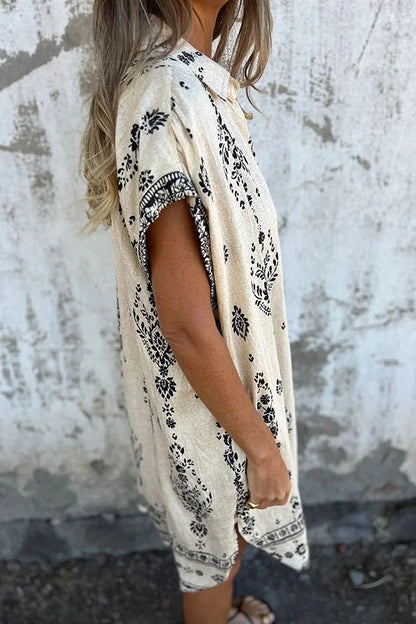 Linen Blend Unique Print Lapel Pocket Mini Dress