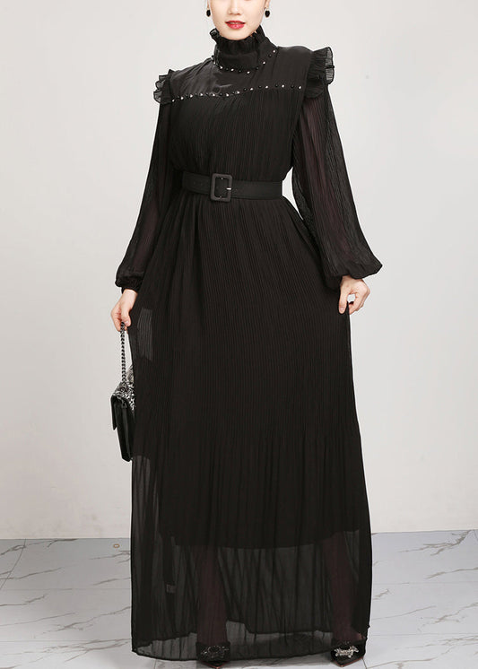 French Black Ruffled Chiffon Maxi Dresses Fall Ar1038