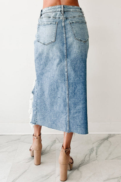 Asymmetrical Distressed Denim High-waisted Skirt